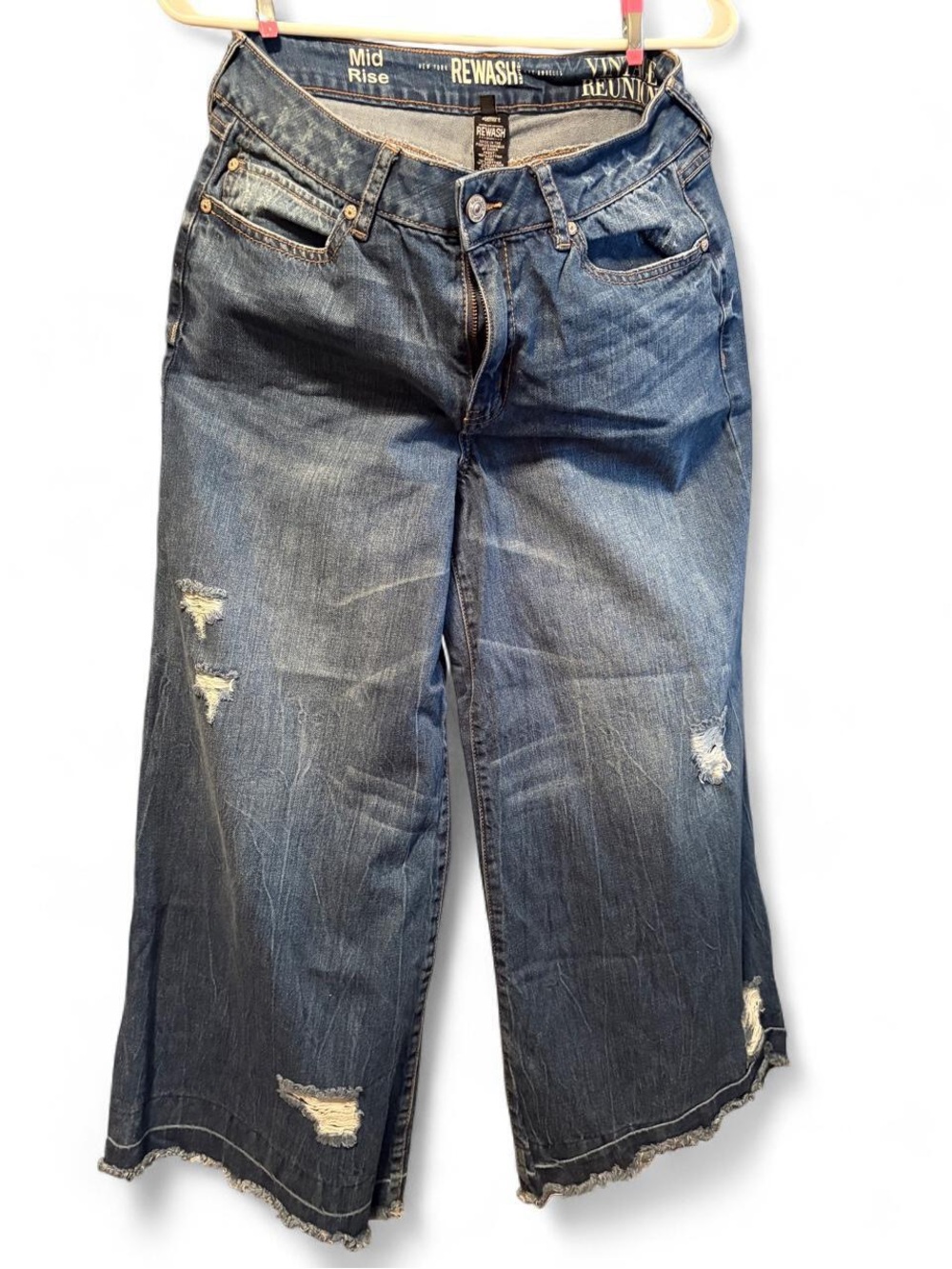 Rewash Distressed Mid-Rise Wide Leg Jeans - Denim Blue size 11/30